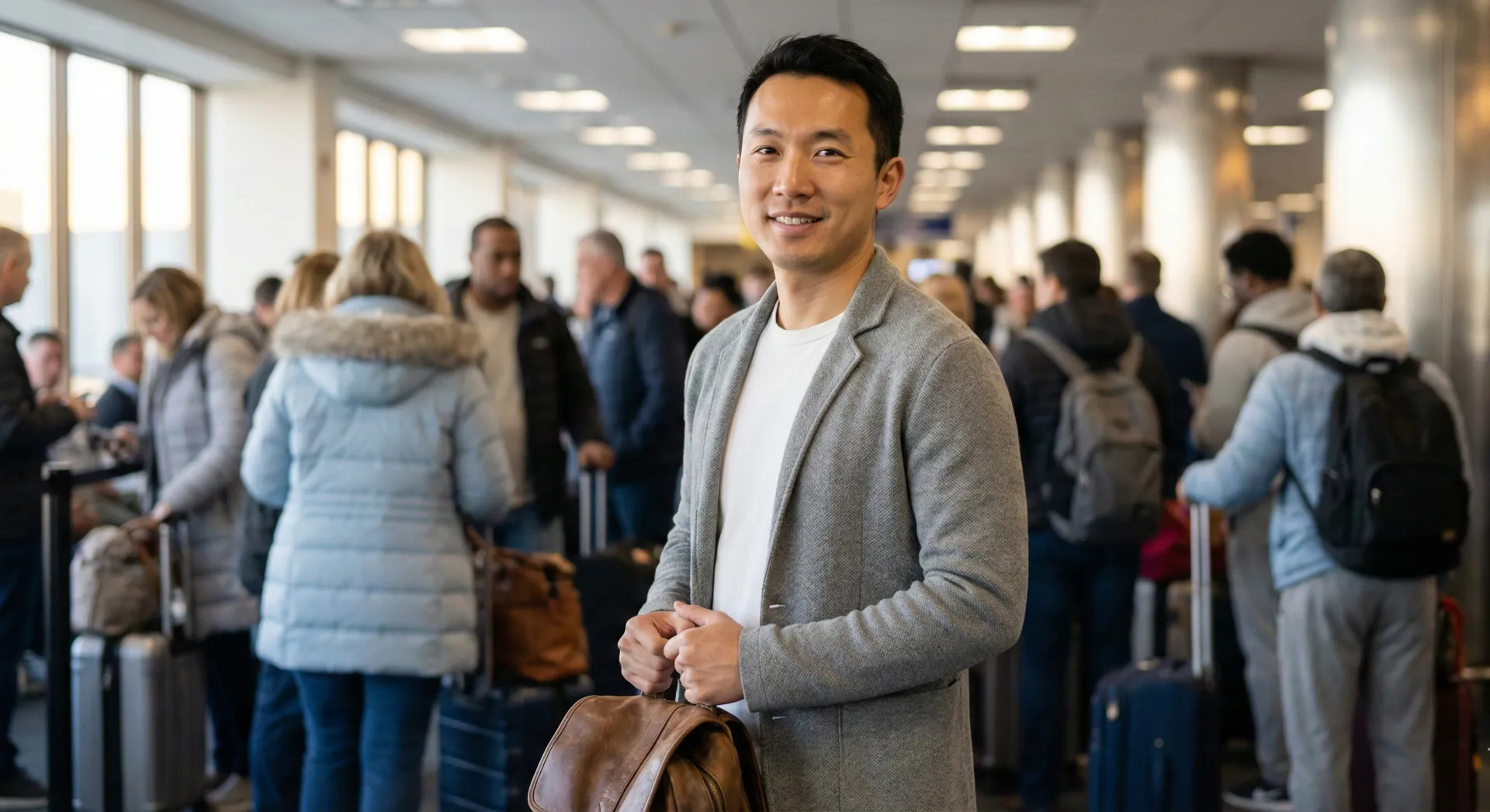 Confident traveler at airport boarding area